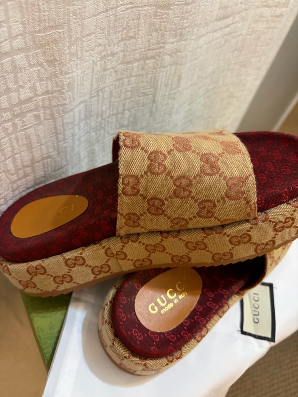 Gucci monogram Brown GG Canvas Platform Slide Sandals with Burgundy Insole - Picture 5 of 14